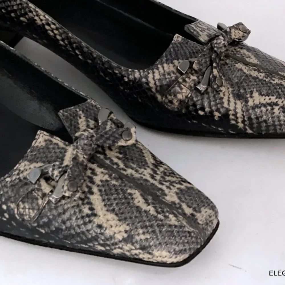 Stuart Weitzman Snakeskin Leather Pumps 7 M Black Tan Square Toe Kitten Heel - Picture 2 of 12